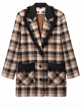Simon Chang Tan and Black Plaid Fringed Blazer